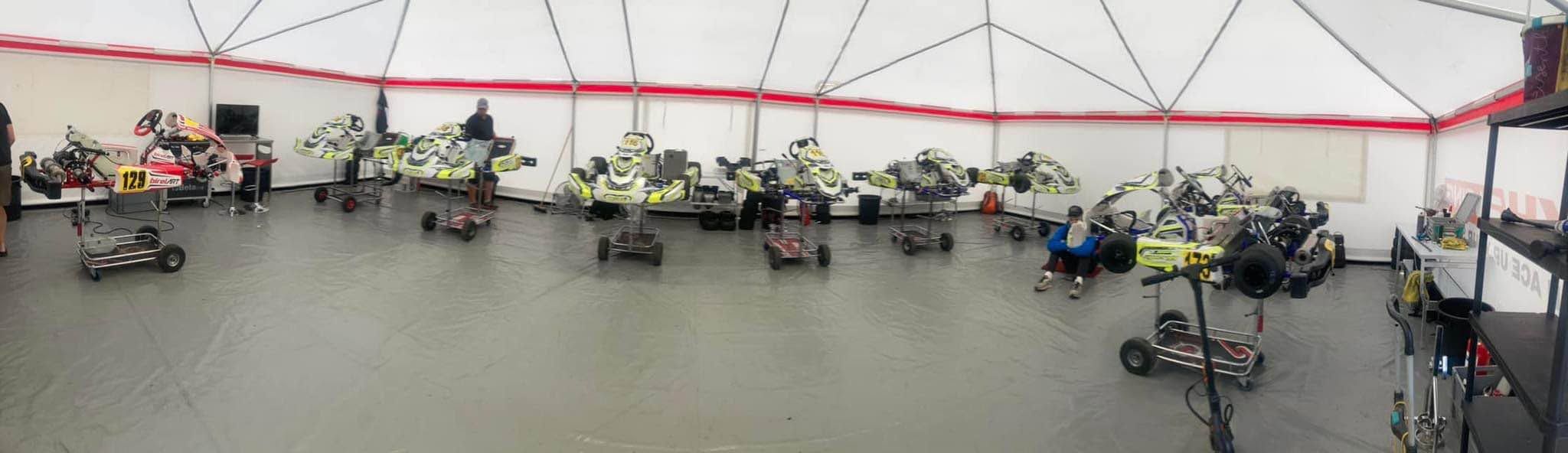 Panorama of the team’s awning full of Synergy karts